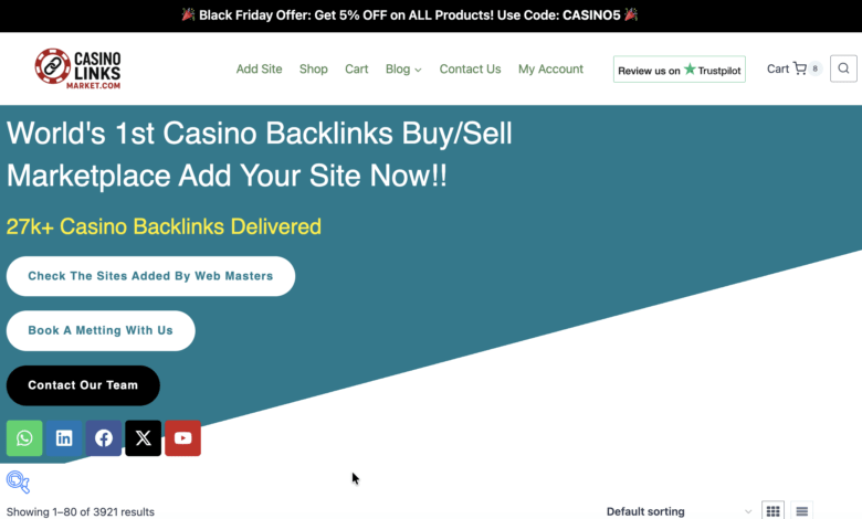 Casino Links Market dashboard showing casino backlink marketplace features